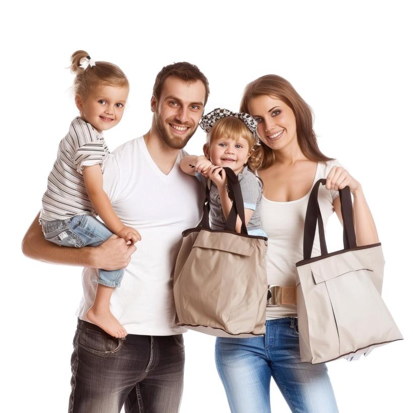 Family holding tote bags