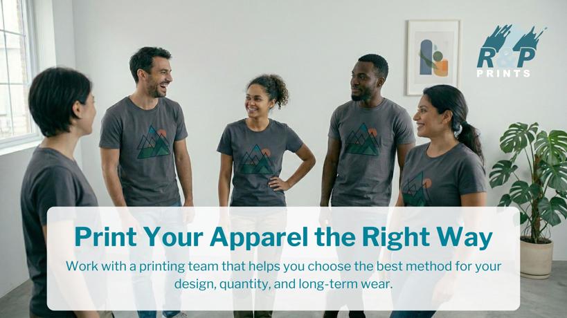 Group of people wearing matching custom printed t-shirts showing how professionally printed apparel can unify teams, events, and organizations.