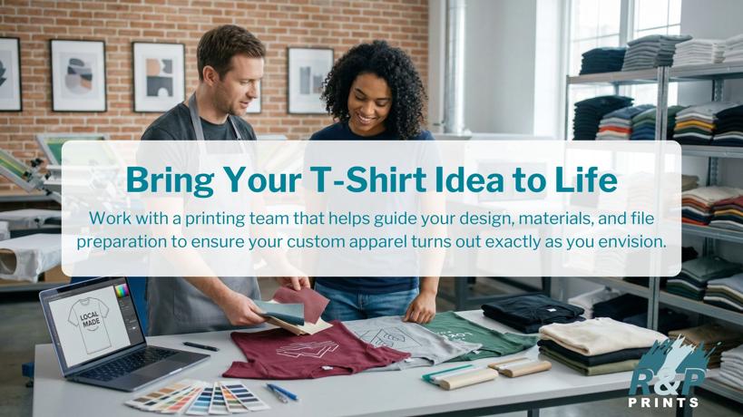 Printing team reviewing custom t-shirt designs, fabric samples, and color options in a professional apparel printing studio.