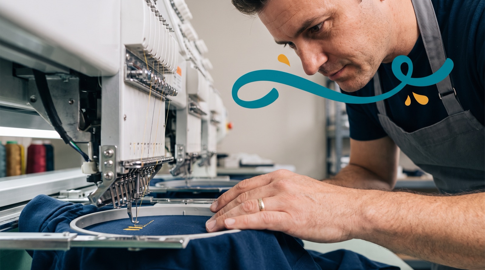 Embroidery technician monitoring a commercial machine stitching a navy polo