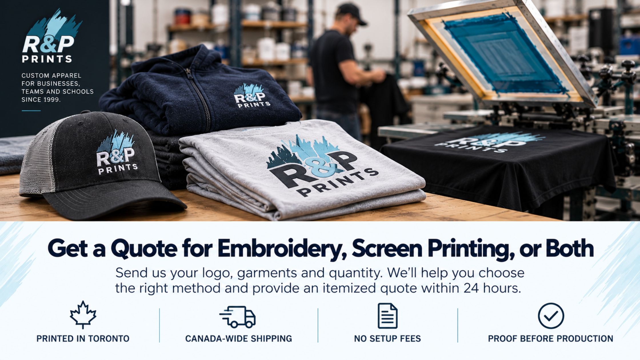 Embroidered cap and jacket beside screen printed shirts in the R&P Prints Canada production shop