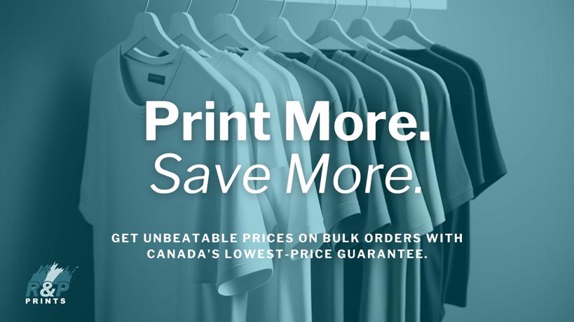 Row of blank T-shirts on hangers from R&P Prints, promoting affordable bulk orders with Canada’s lowest price guarantee