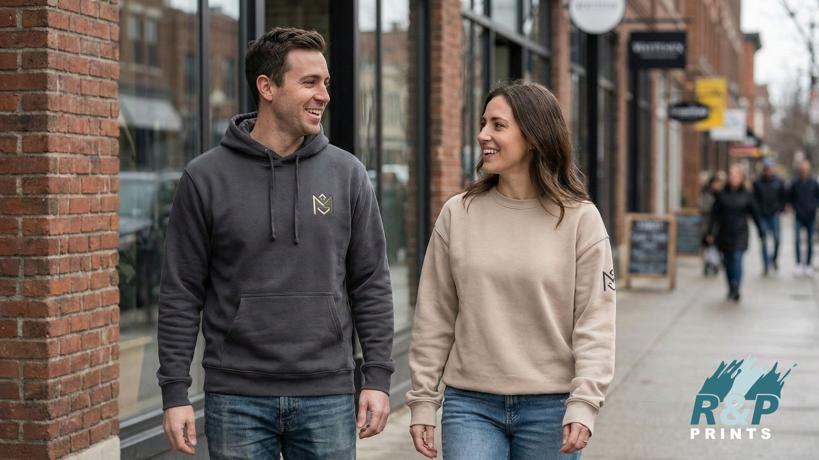 Two people walking outdoors wearing branded hoodies, demonstrating how custom apparel helps small businesses promote their brand beyond digital marketing.