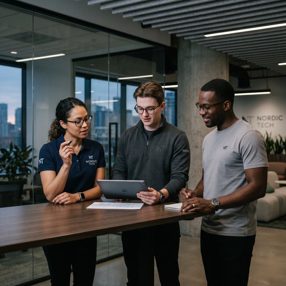 Corporate team reviewing custom apparel