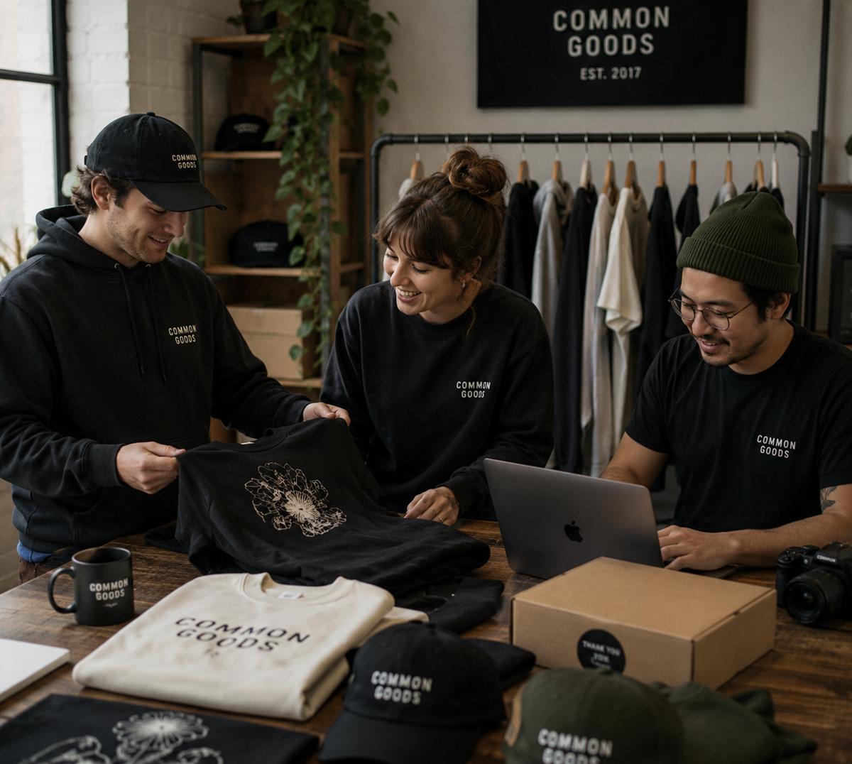 Merch brand creators packing printed clothing