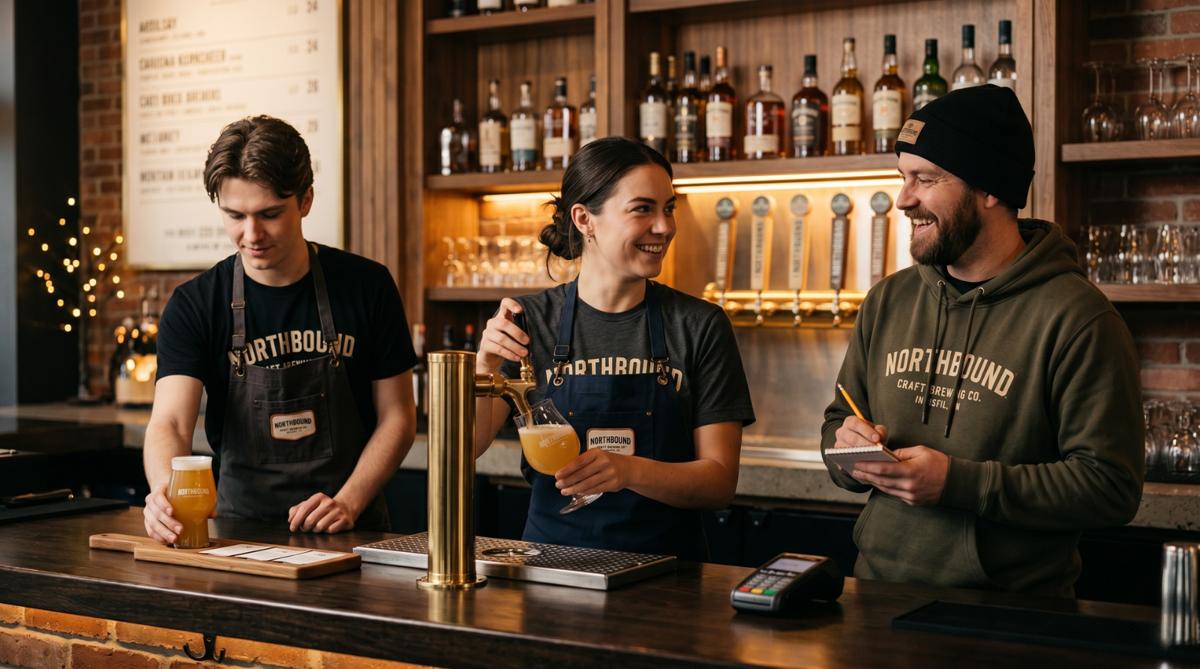 Brewery team wearing custom printed apparel
