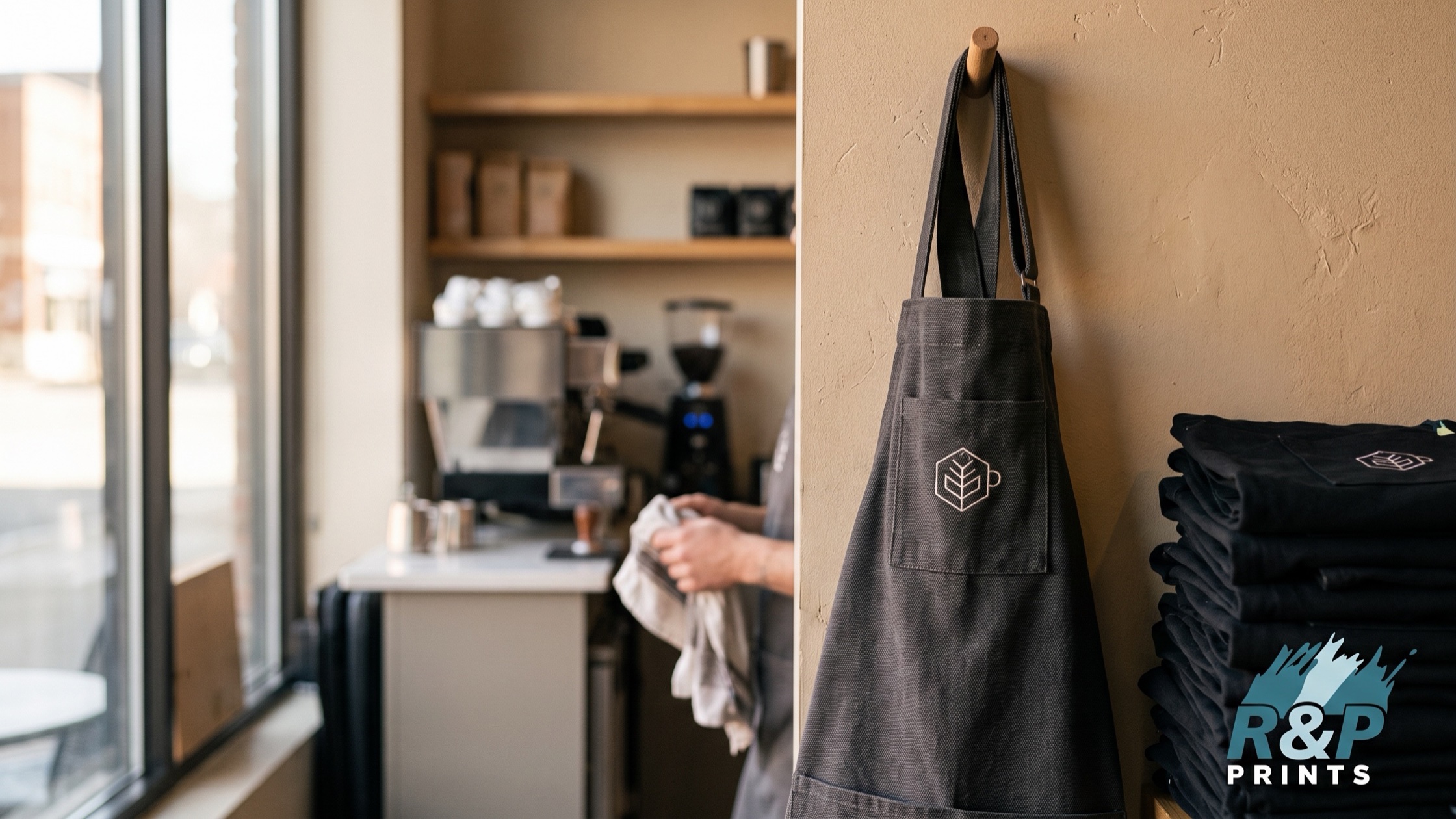 Charcoal cross-back canvas apron with an embroidered cafe logo on the chest pocket hanging on a peg beside a stack of folded black aprons