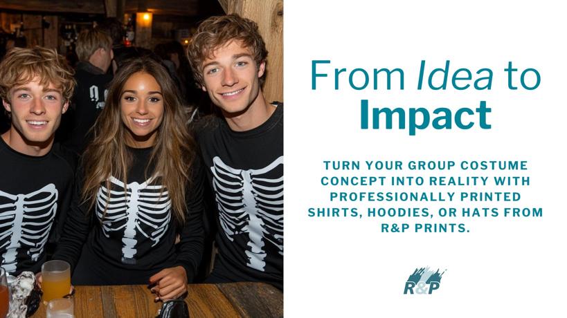 Group of friends in black skeleton shirts enjoying Halloween with custom-printed apparel. 