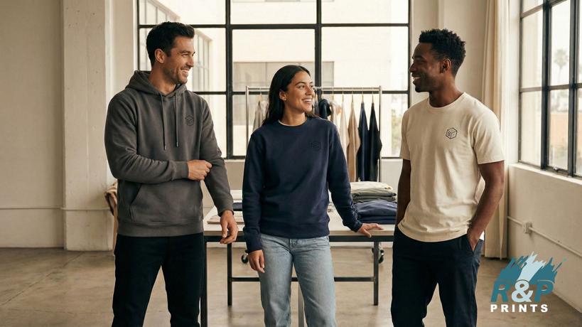 Three people wearing screen printed hoodies and shirts in a studio setting, showcasing professional custom apparel produced through screen printing.