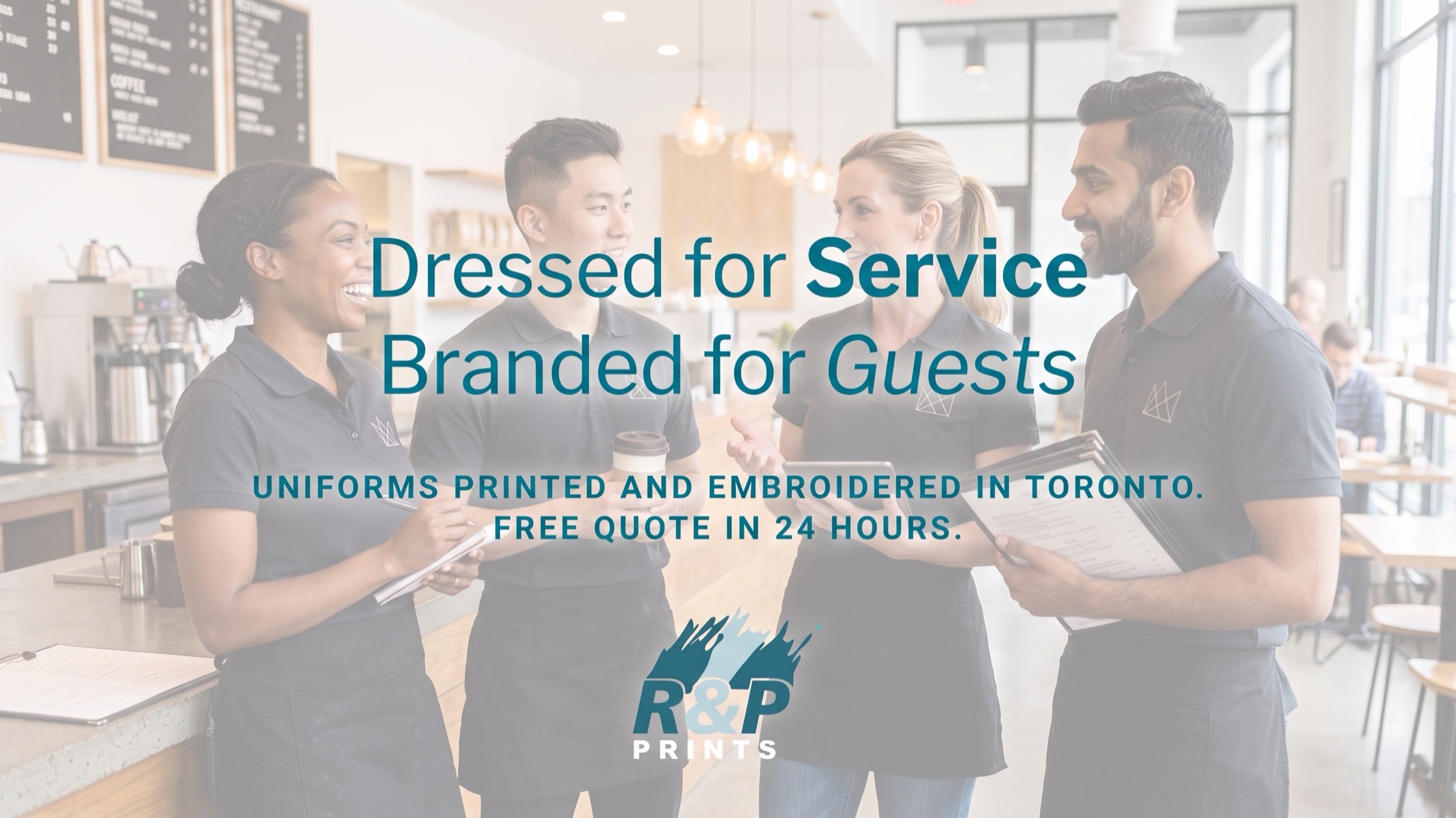 Four restaurant staff in matching branded grey polos and black aprons talking together in a bright cafe before service, with a free quote message overlaid