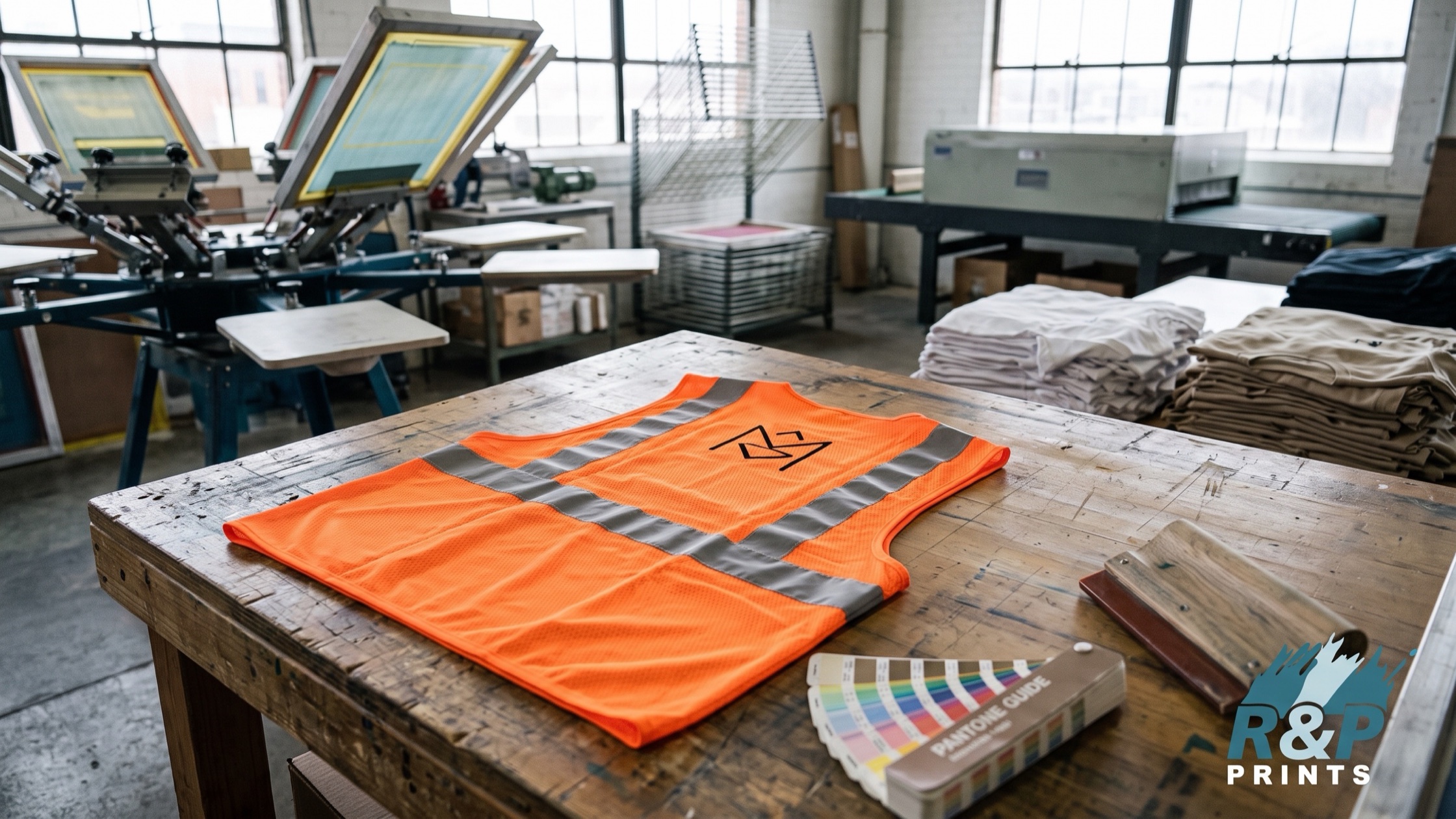 Fluorescent orange hi-vis vest laid flat on a print shop table with a small black logo printed in the open fabric above the reflective striping