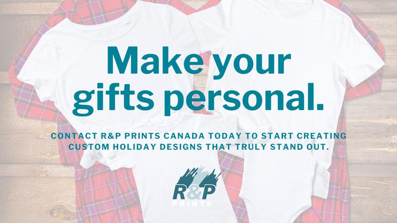 White custom t-shirts arranged on a festive background with text encouraging personalized holiday gift designs from R&P Prints Canada.