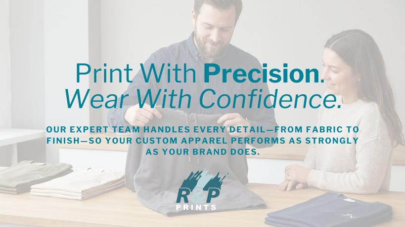 R&P Prints team reviewing finished screen printed garments, highlighting precision, quality control, and confidence in professional apparel printing.