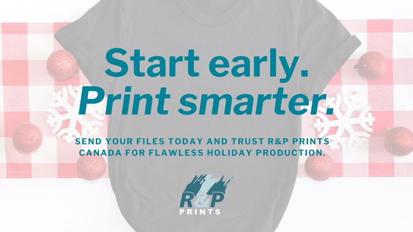 A grey T-shirt displayed on a festive holiday-themed background with ornaments and snowflakes, featuring messaging encouraging early file submissions for flawless holiday printing with R&P Prints.