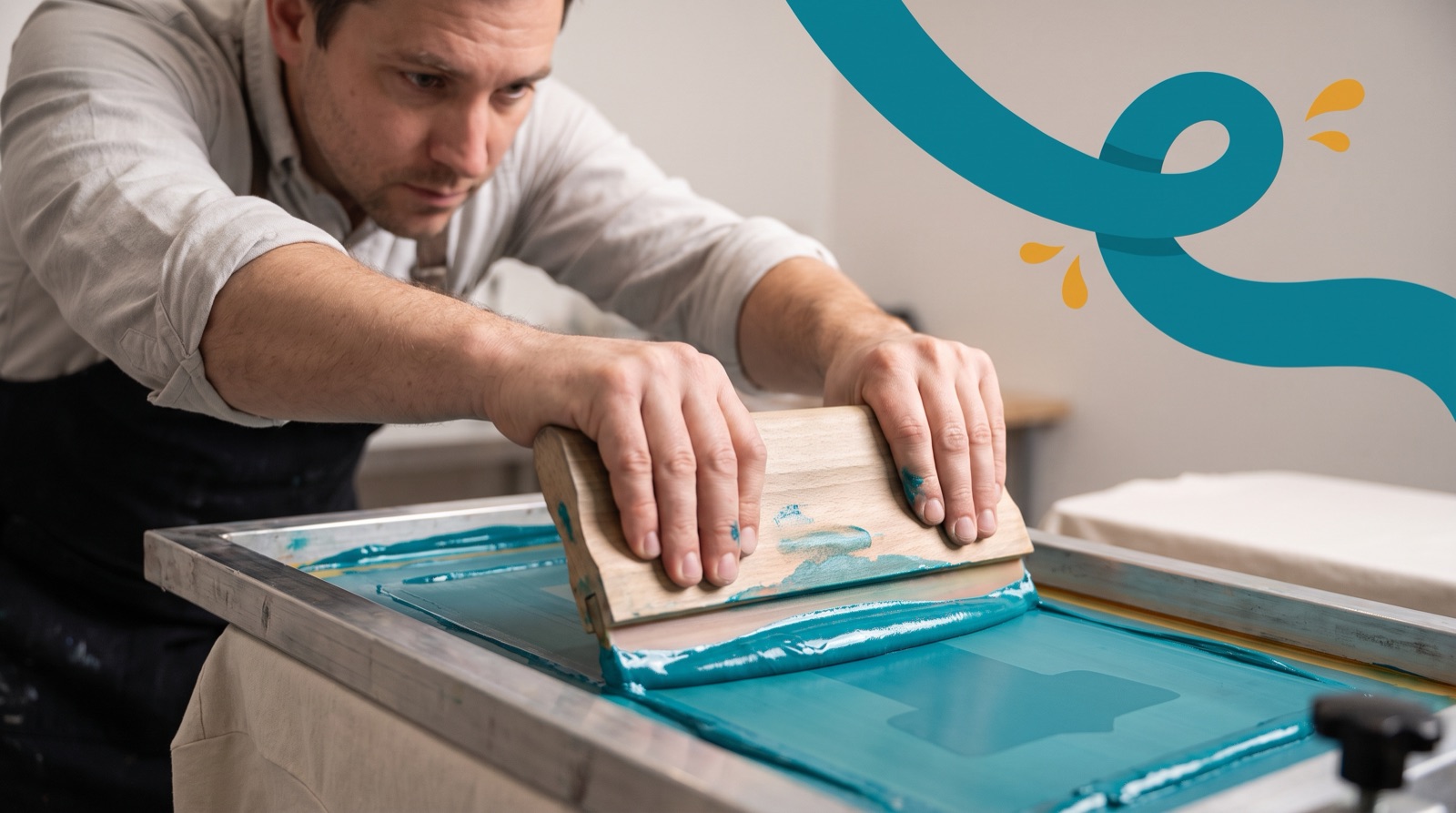 Screen printer pulling teal ink across a custom t-shirt by hand