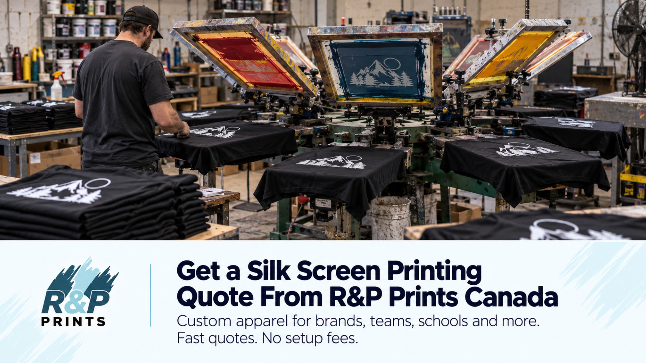 Professional screen printing press producing custom printed T-shirts at R&P Prints Canada