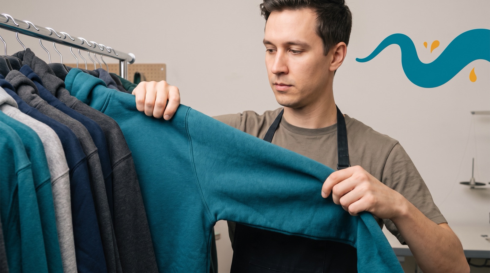 Shop worker sorting wholesale custom hoodies in coordinated colourways